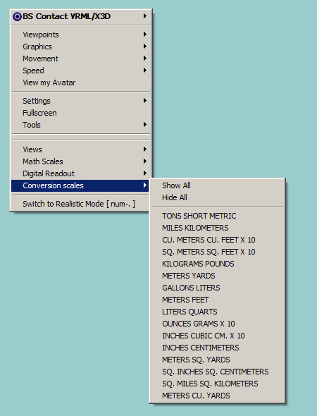 the context menu: submenu conversion scales opened